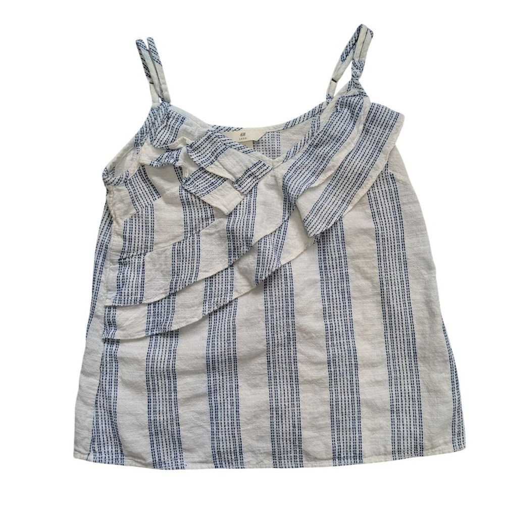 H&M Striped Cotton Ruffle Front Camisole Tank Top Size 2 Blue White